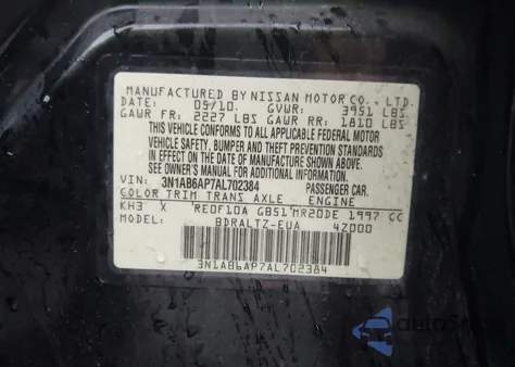 2010 Nissan Sentra 2.0Sr z USA, uszkodzony, nr VIN 3N1AB6AP7AL702384